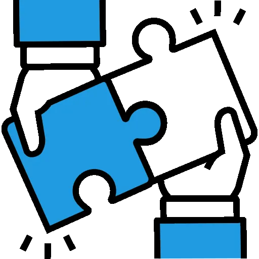 Hands holding interlocking blue and white puzzle pieces on a white background
