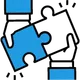 Hands fitting together blue and white puzzle pieces icon