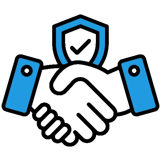 Handshake icon with blue shield and checkmark, suggesting security or trust